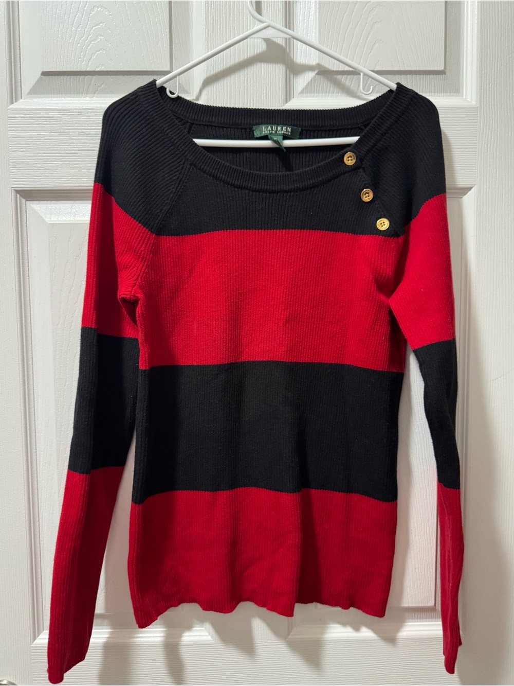 Ralph Lauren Red and Black Striped Off-the-Shoulder Sweater with Gold Buttons